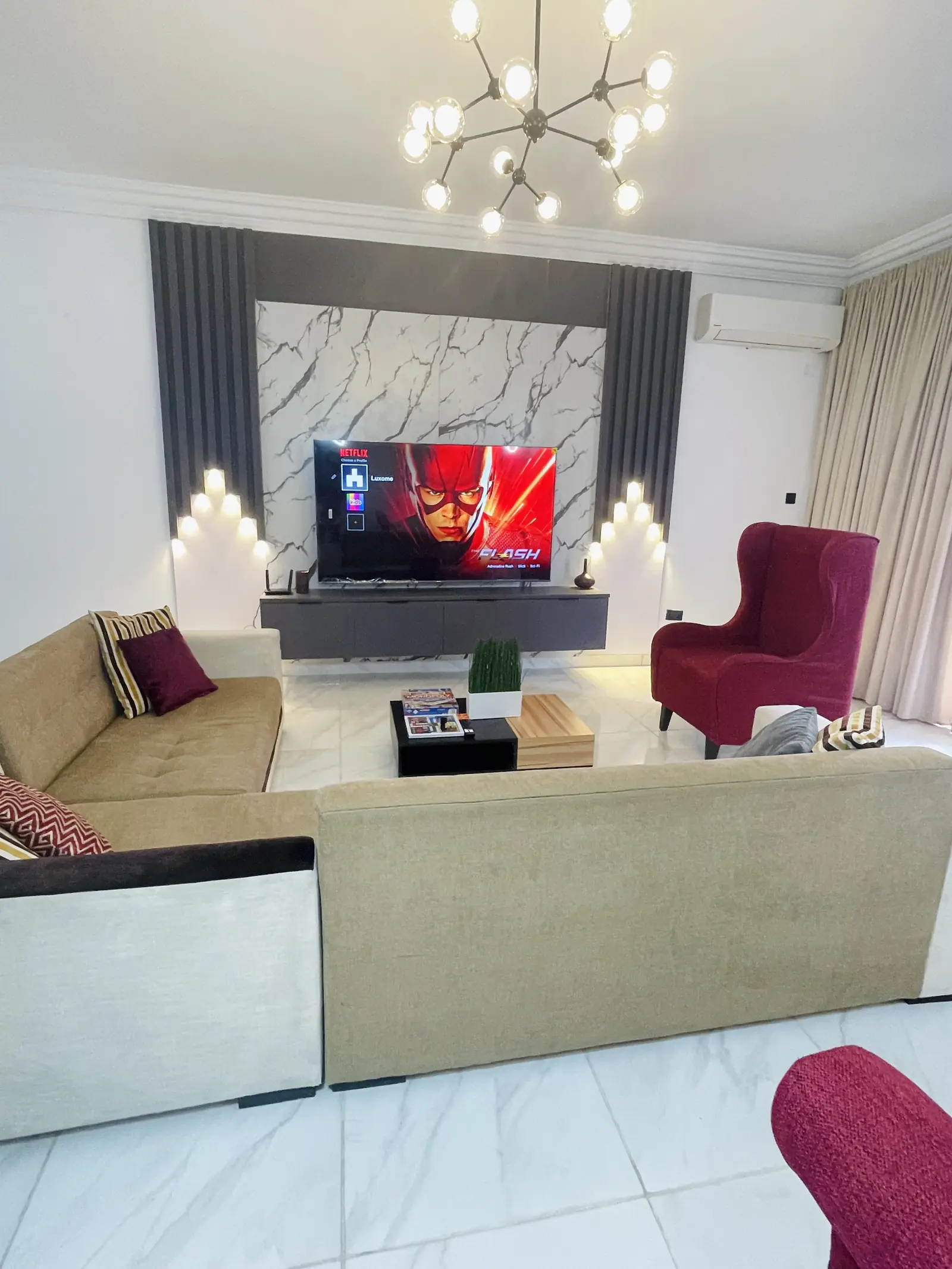 Living room seating with the television wall