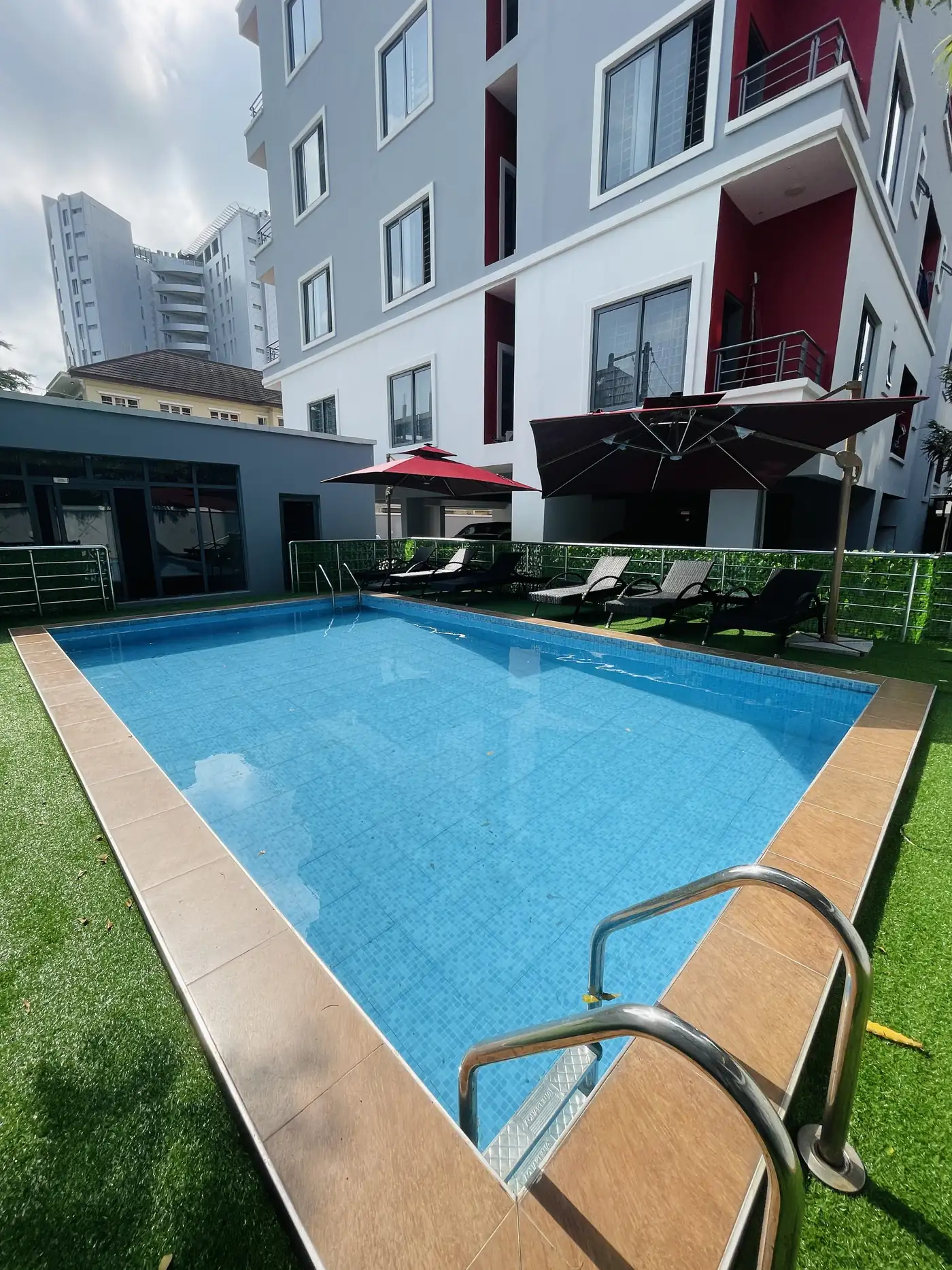 Poolside loungers and parasols
